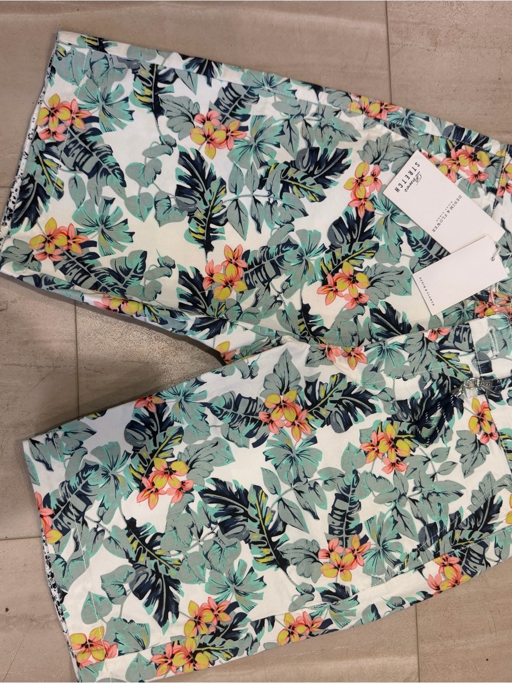 Denim & Flower Floral Print Shorts in White, Mint & Pink